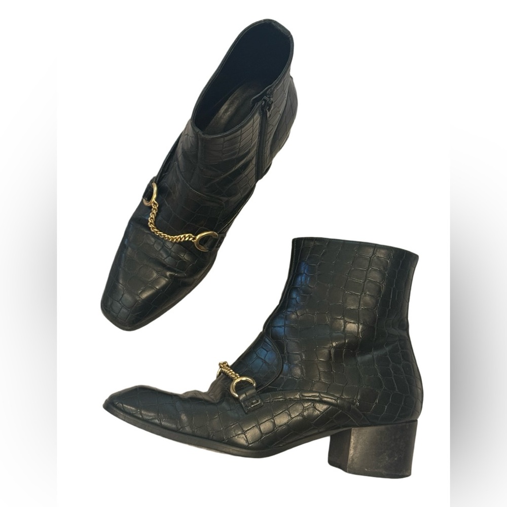 Stella McCartney Croc Embossed Ankle Boots Horsebit Chain Detail